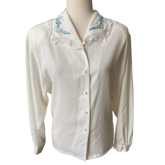 Unbranded Tops - VTG Secretary Top Lace Embroidered Floral CottageCore Twee‎ Lace Demure P Large